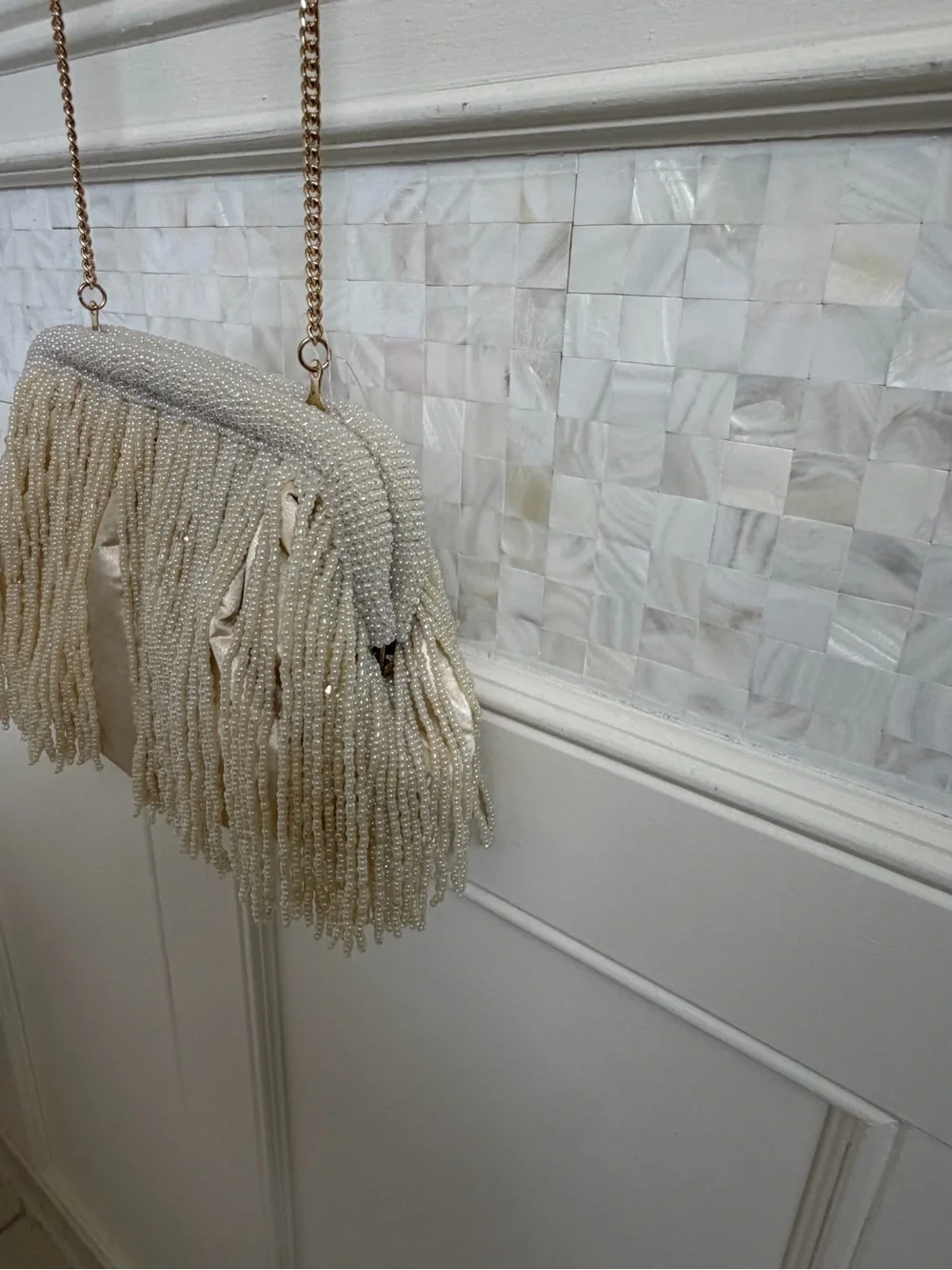 NWOT new beaded long Fringe clutch crossbody bag chain white cream wedding